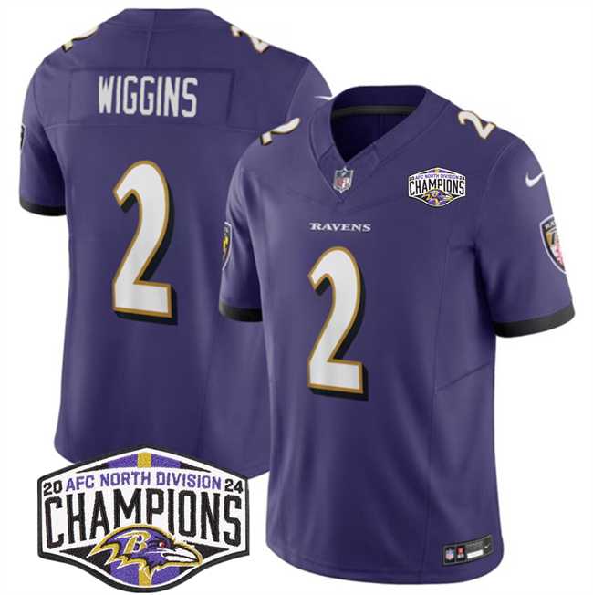 Mens Baltimore Ravens #2 Nate Wiggins Purple F.U.S.E 2024 AFC North Division Champions Vapor Limited Jersey